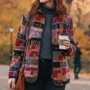 Vintage 90s Bohemian Cottagecore Hippie Tapestry Velvet Patchwork Relaxed Jacket